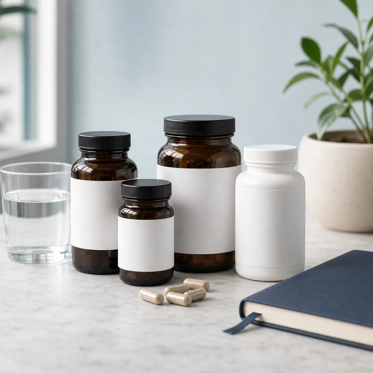 Supplement containers, water, capsules, and a wellness notebook on a bright surface