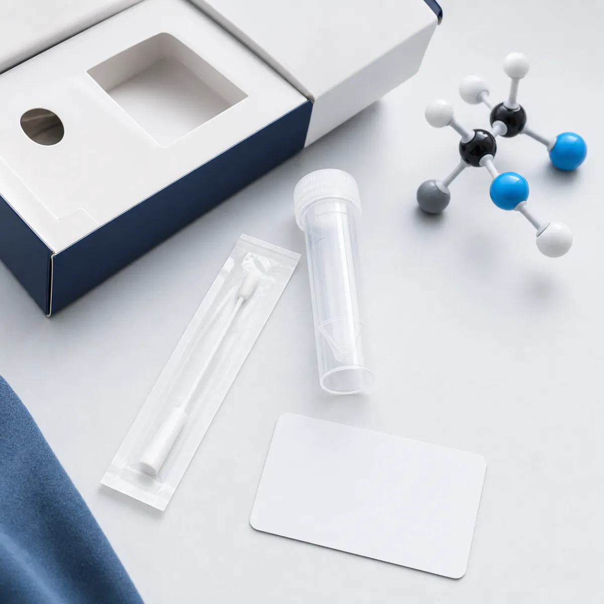 Saliva collection tube and molecular model arranged as a DNA testing kit