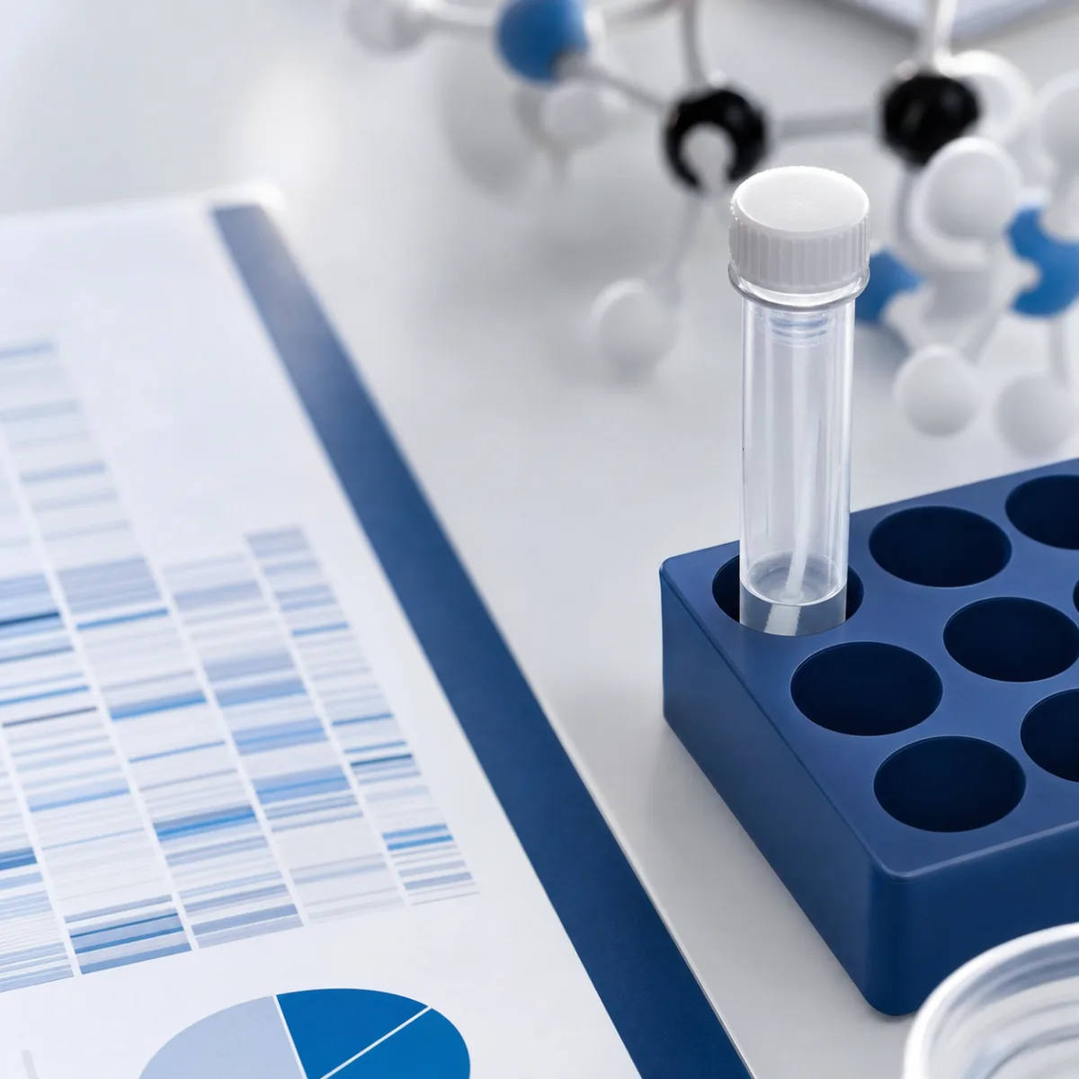 Sealed saliva sample tube beside an abstract genetic results chart and molecular model
