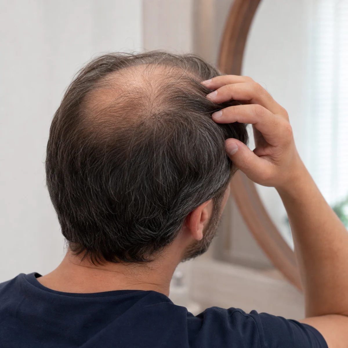 Adult man examining noticeable thinning hair and visible scalp at the crown
