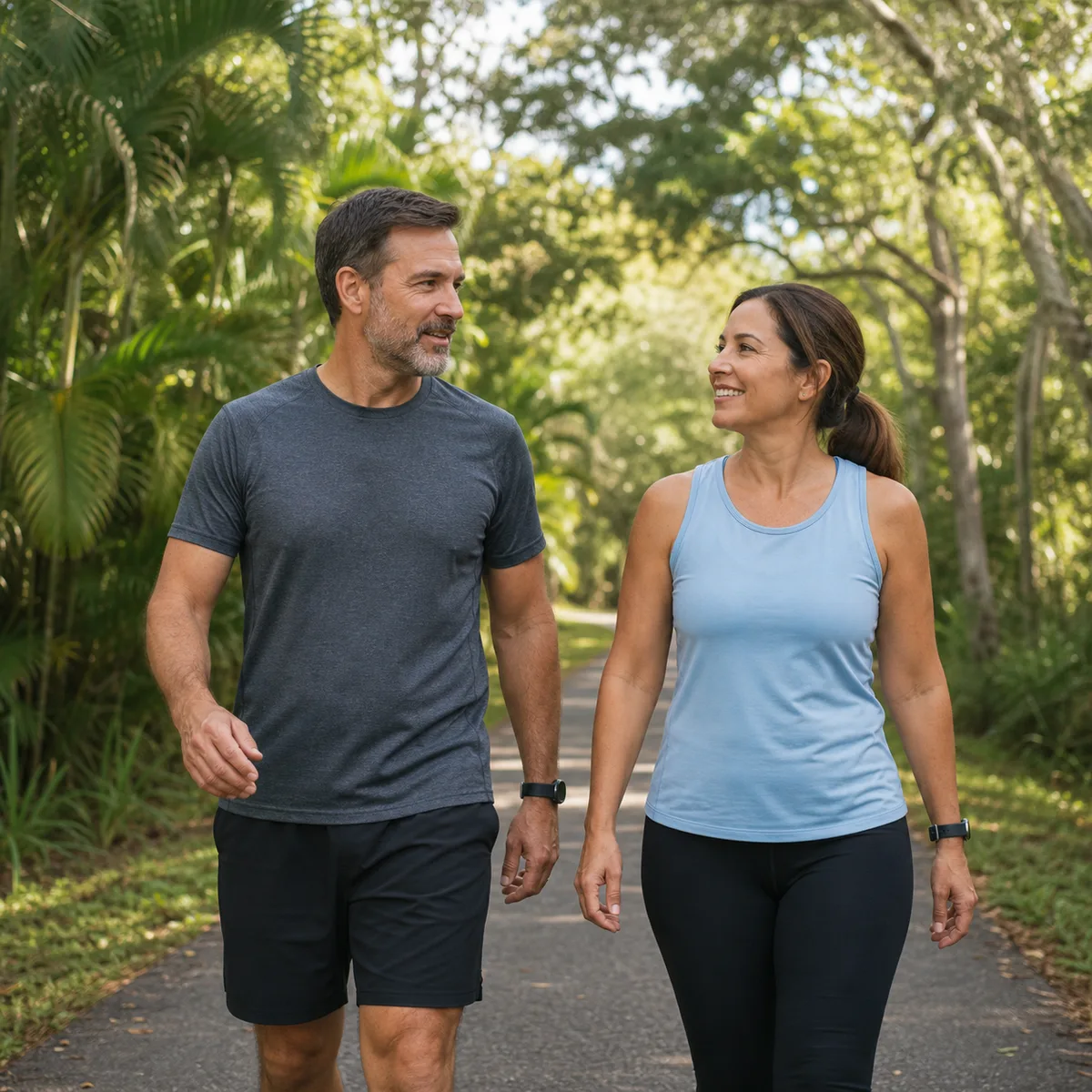 Middle-aged man and woman walking together on a shaded Florida path