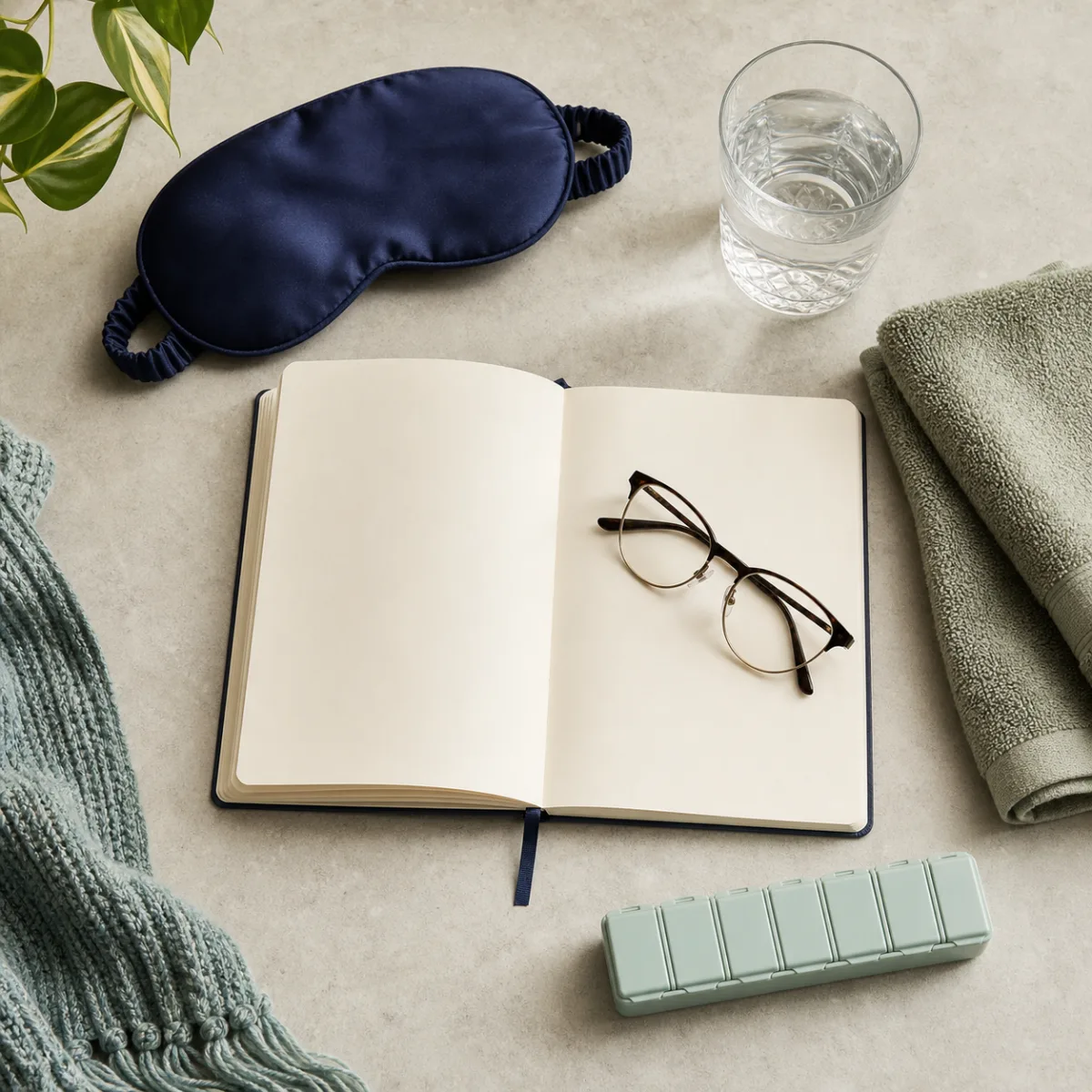 Notebook, reading glasses, sleep mask, water, towel, and weekly organizer arranged for wellness planning