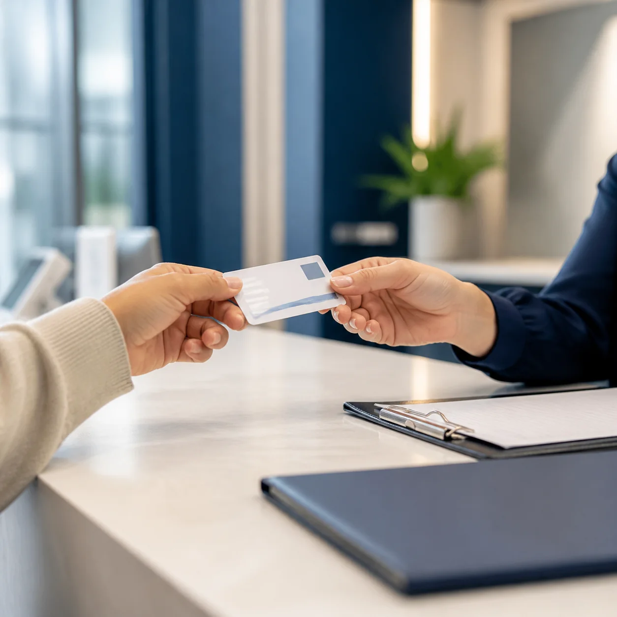 A patient presenting a health insurance card at a medical office reception desk
