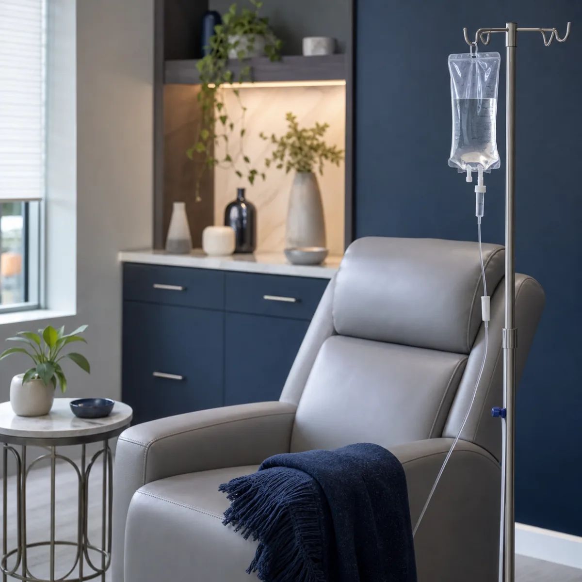 IV hydration setup beside a comfortable treatment chair