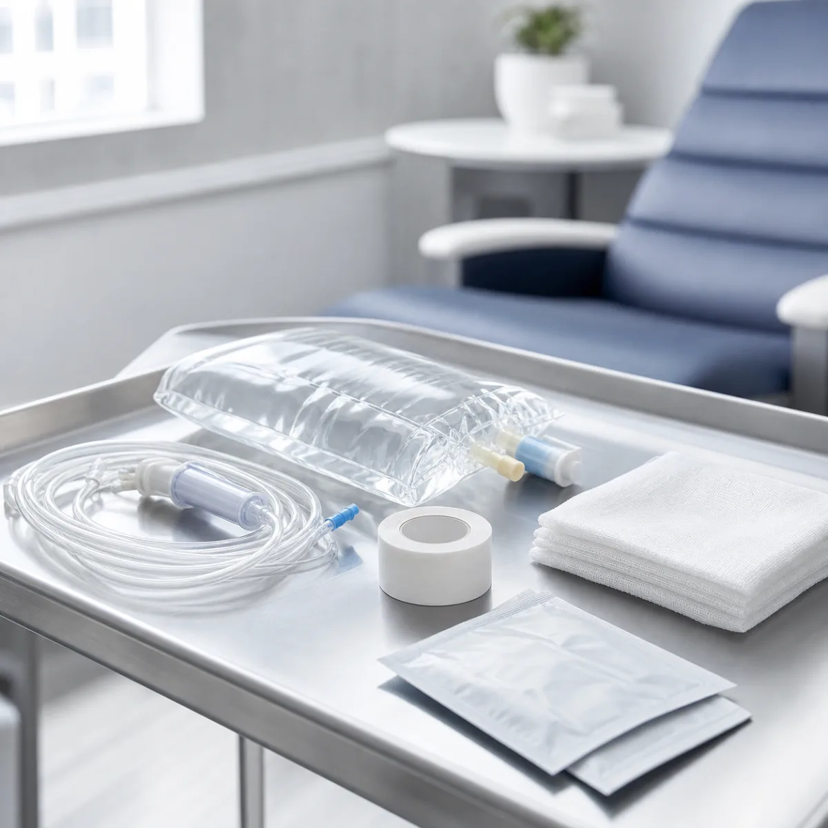 Sealed IV fluid bag, sterile tubing, gauze, and tape prepared on a clean clinical tray