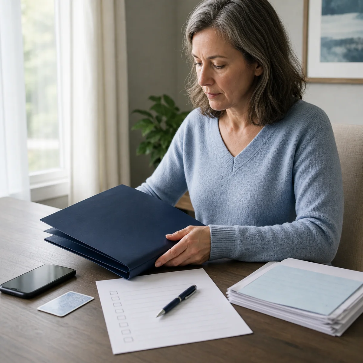 Woman organizing a folder and checklist before a medical evaluation