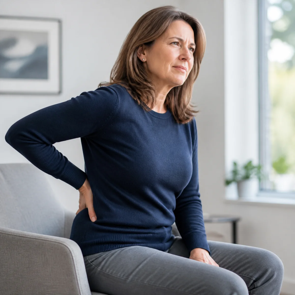 Woman holding her lower back while seated at home