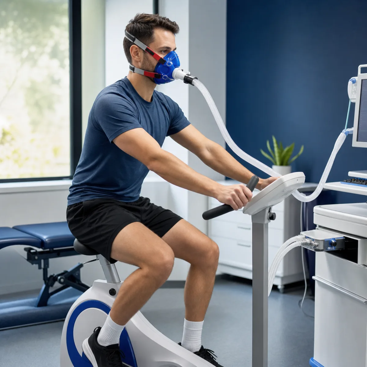 Adult patient completing metabolic breath testing on a stationary bicycle