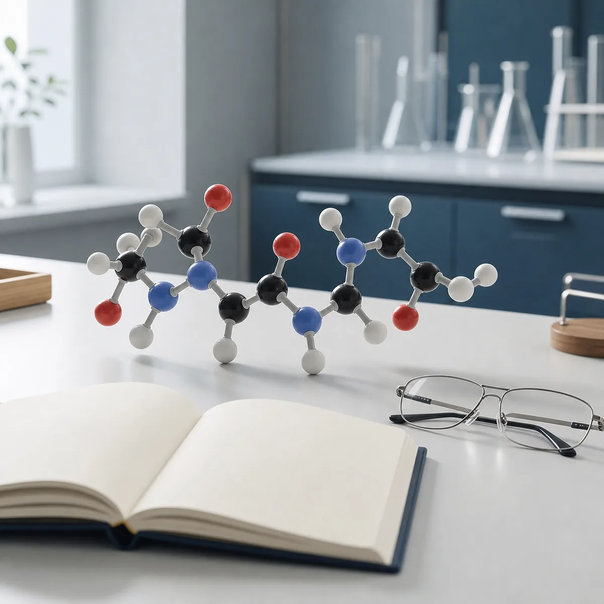 Molecular model, blank research notebook, and reading glasses on a clean laboratory work surface