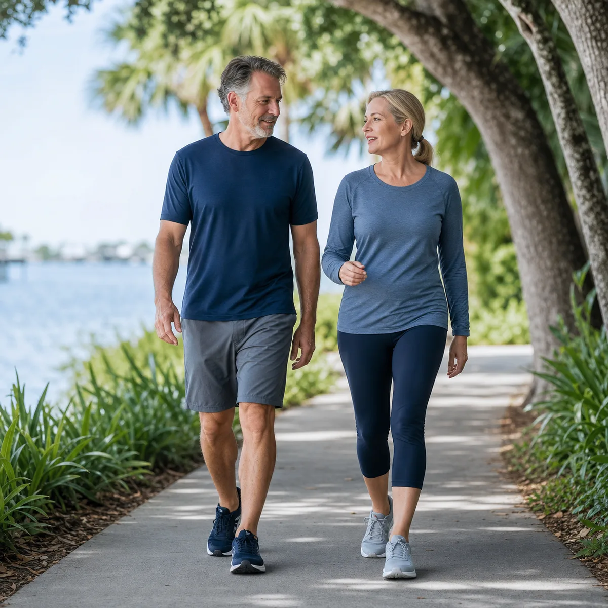 Middle-aged couple walking together on a shaded Florida waterfront path