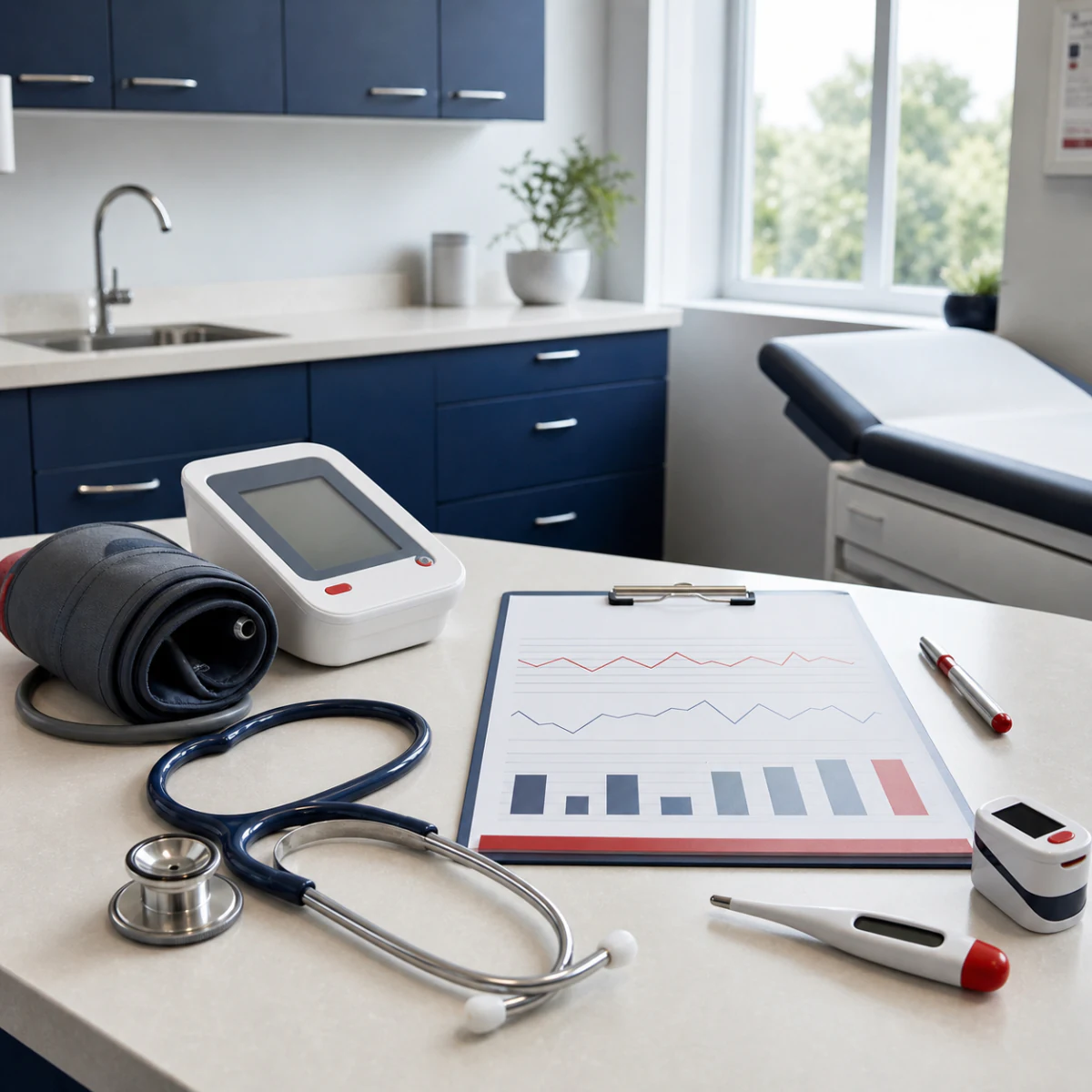 Vital-sign equipment and a health chart prepared in an InCare exam room