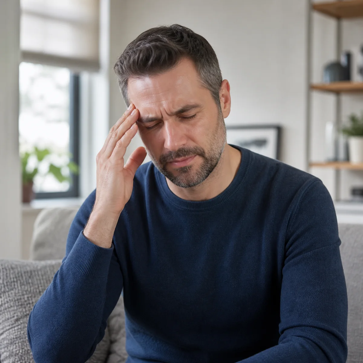 Man pressing his fingers to his temple while experiencing a headache at home