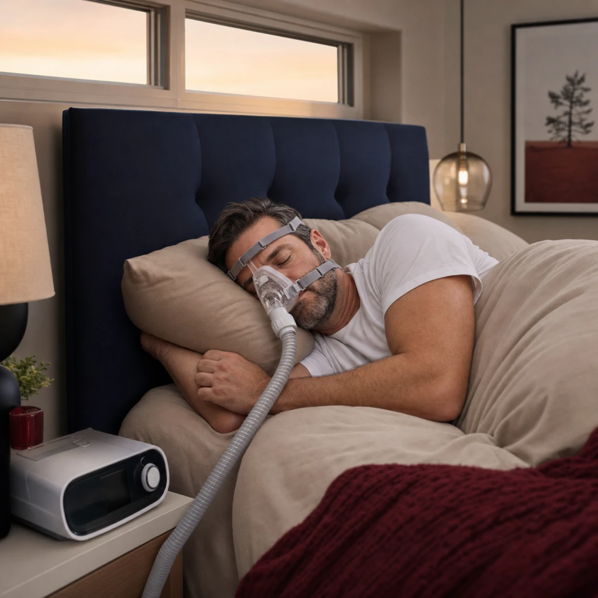 Man sleeping comfortably while wearing a PAP mask connected to a bedside machine
