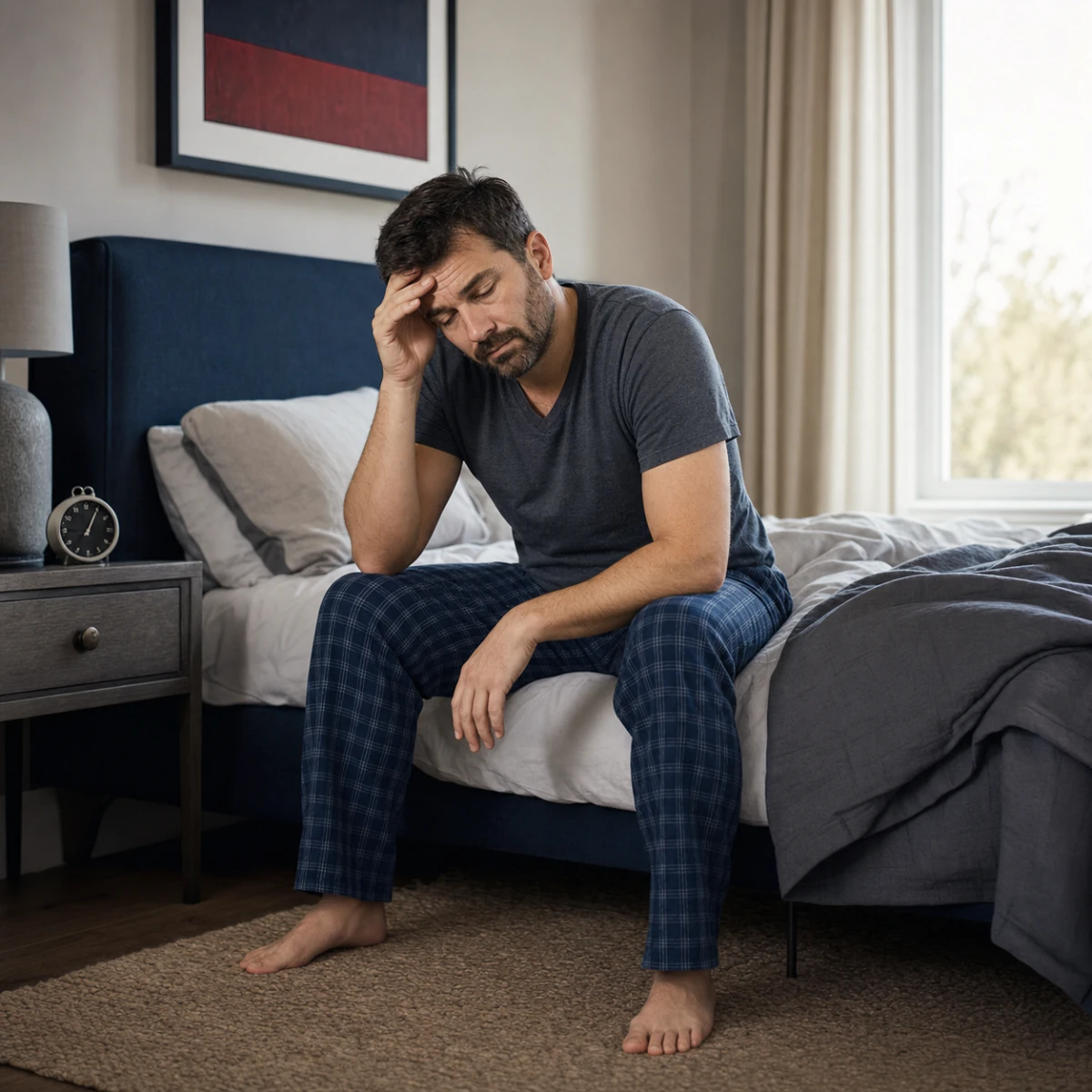 Tired man sitting on the edge of his bed after waking unrefreshed