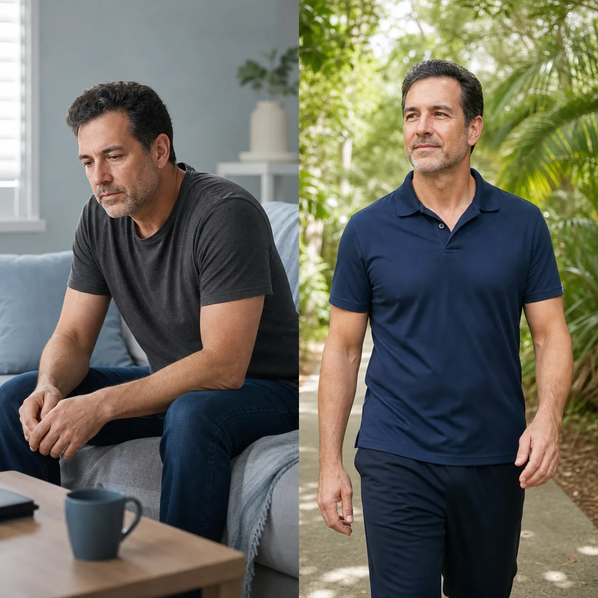 The same middle-aged man feeling tired indoors and walking with more energy outdoors