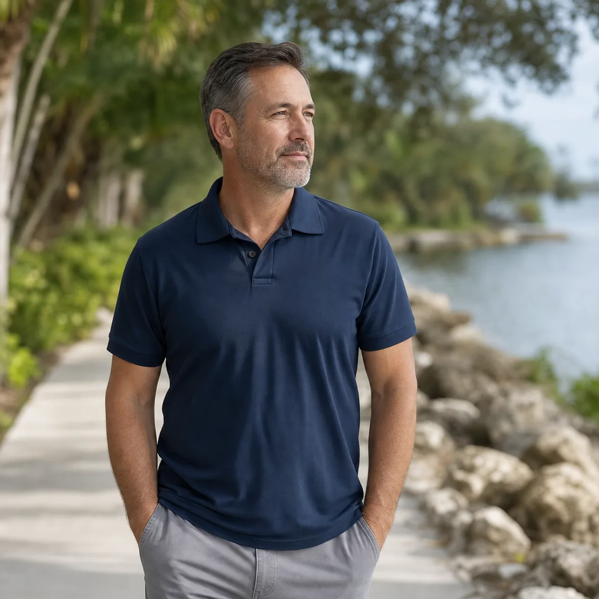 Middle-aged man walking beside the water on a shaded Florida path