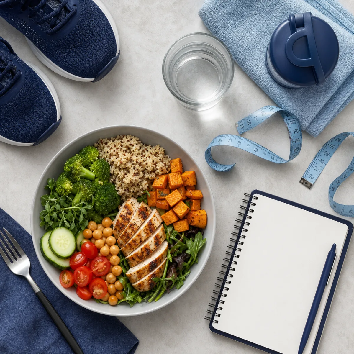 Balanced meal, walking shoes, water, and a blank notebook for practical wellness planning